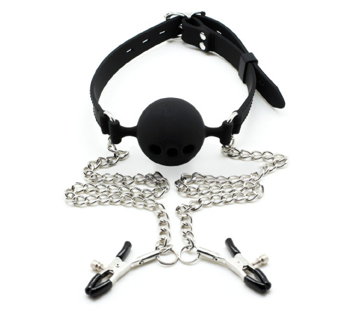 Кляп силіконовий повітропровідна куля із затискачами для сосків, Чорний