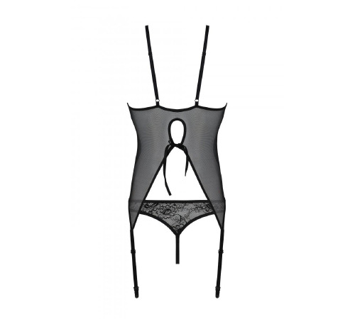 Корсет Passion Ursula Corset black L/XL, з пажами, трусики з ажурним декором та відкритим кроком