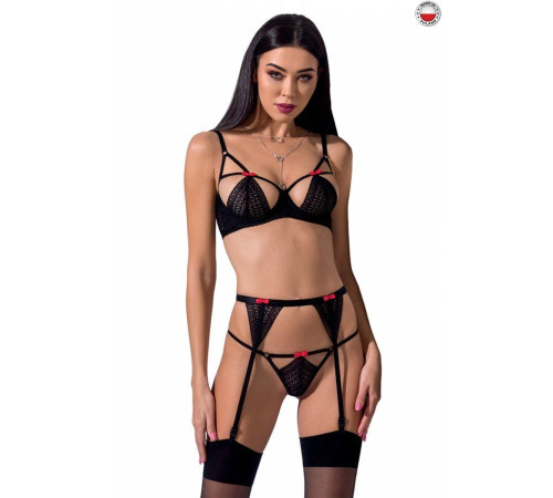 Розпродаж! Комплект білизни PERDITA SET black L/XL - Passion: стрепи: ліф, стрінги і пояс для панчох