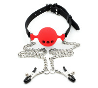 Кляп силіконовий повітряна куля з затискачами для сосків, Червоний