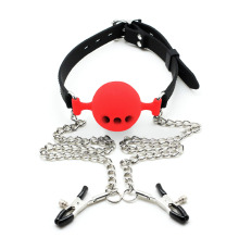 Кляп силиконовый шар воздухопроводный с зажимами для сосков, Красный