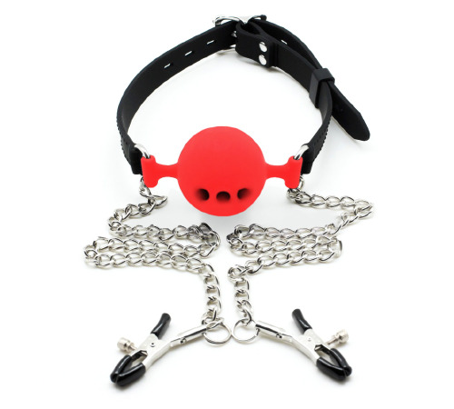 Кляп силіконовий повітряна куля з затискачами для сосків, Червоний