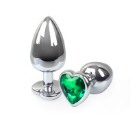 Металлическая анальная пробка Сердце L с Темно зеленым кристаллом , длина 9см, диаметр 4см