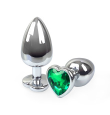 Металлическая анальная пробка Сердце L с Темно зеленым кристаллом , длина 9см, диаметр 4см