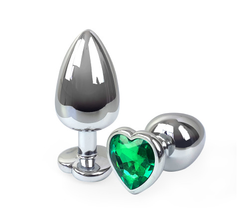 Металева анальна пробка Серце L з Темно-зеленим кристалом, довжина 9см, діаметр 4см