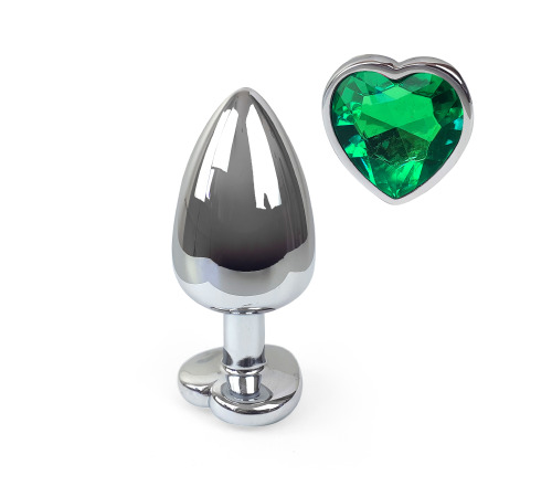 Металева анальна пробка Серце L з Темно-зеленим кристалом, довжина 9см, діаметр 4см