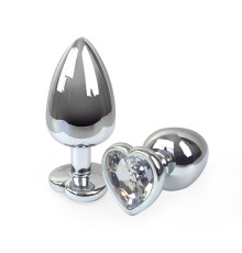 Металлическая анальная пробка Сердце L с Прозрачным кристаллом , длина 9см, диаметр 4см