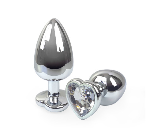 Металева анальна пробка Серце L з прозорим кристалом, довжина 9см, діаметр 4см