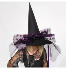 Шляпа ведьмы с большим бантом и пауками — чёрно-фиолетовый аксессуар на Хэллоуин