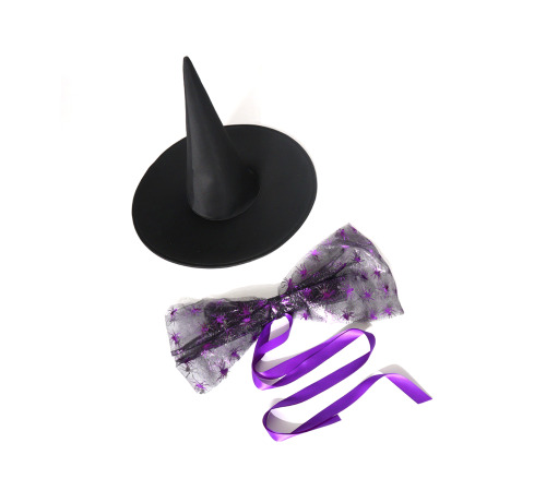 Шляпа ведьмы с большим бантом и пауками — чёрно-фиолетовый аксессуар на Хэллоуин