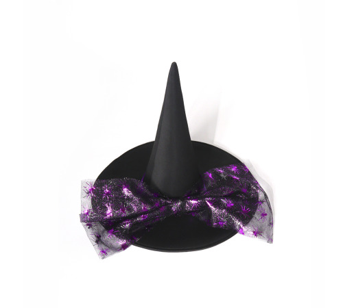 Шляпа ведьмы с большим бантом и пауками — чёрно-фиолетовый аксессуар на Хэллоуин