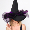 Шляпа ведьмы с большим бантом и пауками — чёрно-фиолетовый аксессуар на Хэллоуин