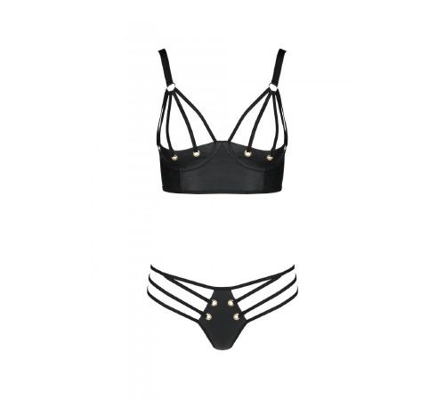 Комплект з еко-шкіри Passion Malwia Bikini black L/XL: з люверсами та ремінцями, бра та трусики