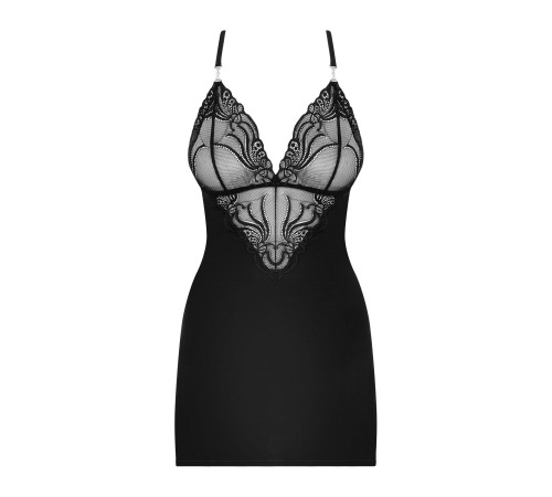 Сатиновый комплект для сна с кружевом Obsessive 828-CHE-1 chemise & thong L/XL, черный, сорочка, стр