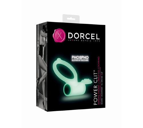 Эрекционное кольцо Dorcel Power Clit White PHOSPHO с вибрацией, белое, светится в темноте