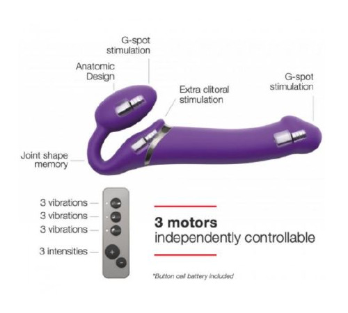 Безремінний страпон з вібрацією Strap-On-Me Vibrating Violet L, діам. 3,7 см, пульт ДК, регульований