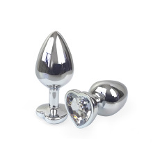 Металева анальна пробка Серце М з прозорим кристалом, довжина 8см, діаметр 3,4см.