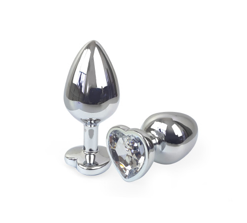 Металева анальна пробка Серце М з прозорим кристалом, довжина 8см, діаметр 3,4см.