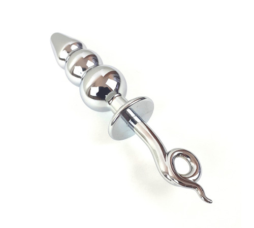 Металева анальна пробка з трьома кульками та металевим хвостиком для стимуляції