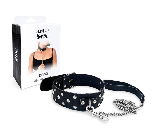 Ошейник с поводком из натуральной кожи Art of Sex - Jenna Collor с заклепками и стразами, черный