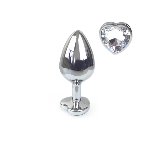 Металева анальна пробка Серце М з прозорим кристалом, довжина 8см, діаметр 3,4см.
