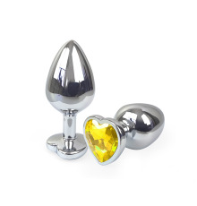 Металева анальна пробка Серце М з Жовтим кристалом, довжина 8см, діаметр 3,4см