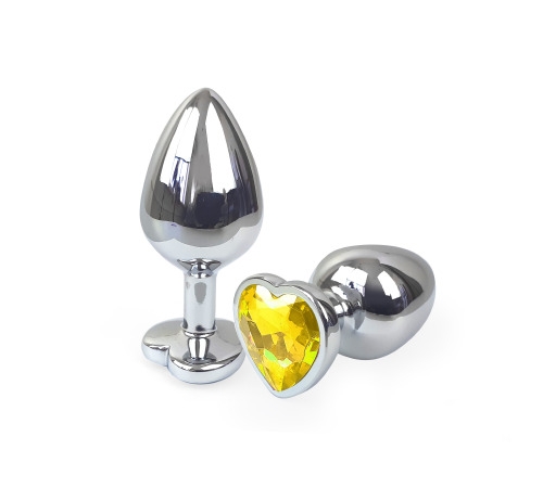 Металева анальна пробка Серце М з Жовтим кристалом, довжина 8см, діаметр 3,4см