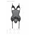 Корсет Passion Christa Corset black S/M: с подвязками и ажурным лифом, стринги в комплекте 