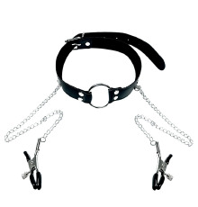 Кляп - кольцо с зажимами для сосков с регулировкой