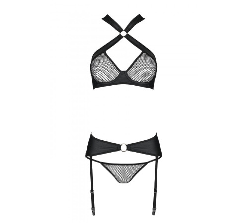 Сітчастий набір: бюстгальтер з халтером, трусики та пояс для панчох Amanda Set black S/M - Passion