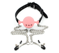 Кляп силіконовий повітряна куля з затискачами для сосків, Рожевий