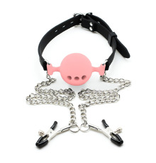 Кляп силиконовый шар воздухопроводный  с зажимами для сосков, Розовый