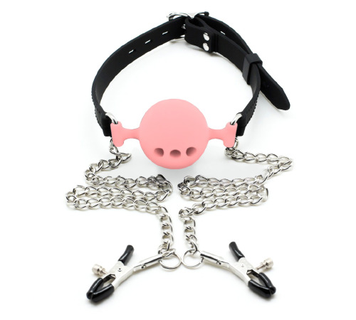 Кляп силіконовий повітряна куля з затискачами для сосків, Рожевий