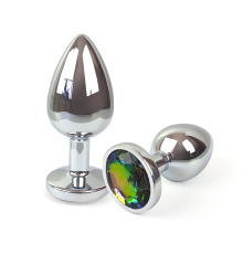 Металлическая анальная пробка L с Радужным кристаллом , длина 9см, диаметр 4см