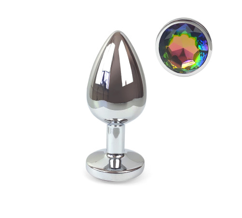 Металлическая анальная пробка L с Радужным кристаллом , длина 9см, диаметр 4см
