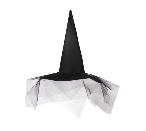 Чёрная ведьминская шляпа с фатиновой вуалью – классический аксессуар на Хэллоуин