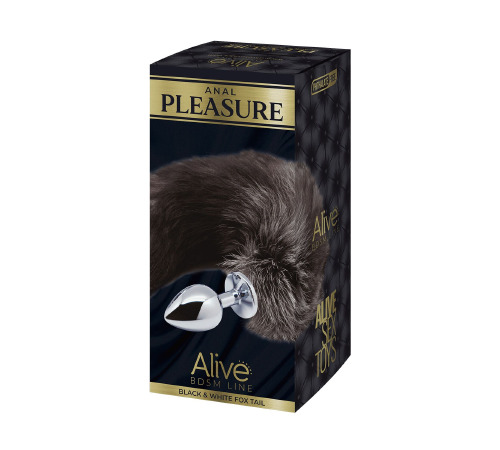 Металева анальна пробка Лисячий хвіст Alive Black And White Fox Tail M, діаметр 3,4 см