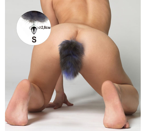 Металева анальна пробка хвіст чорний з блакитним кінчиком, довжина хвоста 25 см