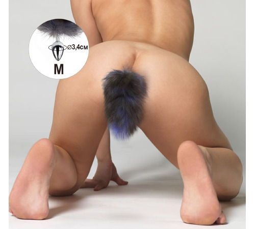 Металева анальна пробка хвіст чорний з блакитним кінчиком, довжина хвоста 25 см