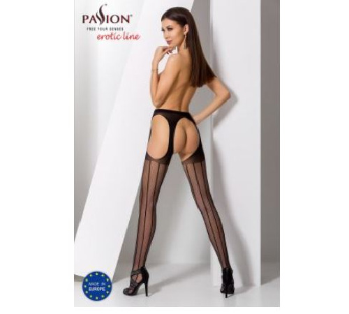 Эротические колготки-бодистокинг Passion S018 black, имитация чулок с вертикальными полосками и пояс