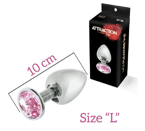 Металева анальна пробка з рожевим кристалом MAI Attraction Toys №74, довжина 10 см, діаметр 4 см