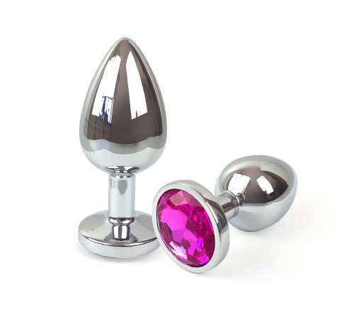 Металлическая анальная пробка L с Темно розовым кристаллом , длина 9см, диаметр 4см