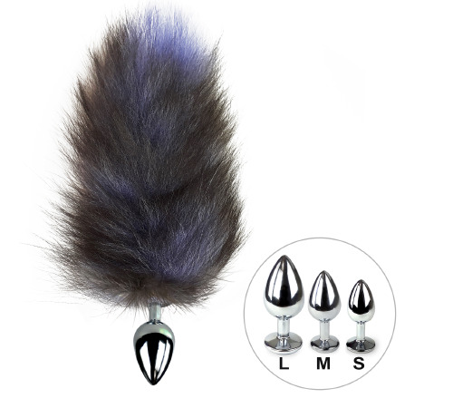 Металева анальна пробка хвіст чорний з блакитним кінчиком, довжина хвоста 25 см