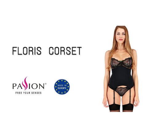Корсет із пажами FLORIS CORSET black S/M - Passion Exclusive, трусики