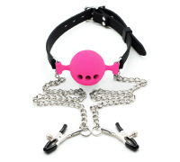 Кляп силіконовий повітряна куля з затискачами для сосків, Темно-рожевий