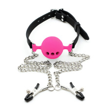 Кляп силиконовый шар воздухопроводный с зажимами для сосков, Темно-розовый