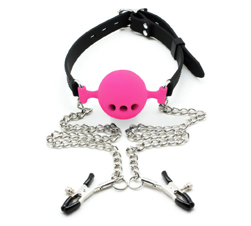 Кляп силиконовый шар воздухопроводный с зажимами для сосков, Темно-розовый