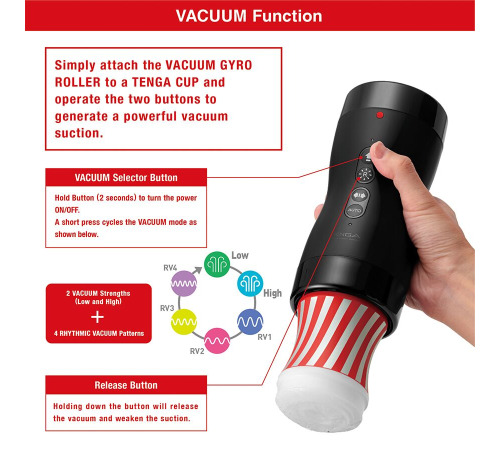 Автоматический мастурбатор Tenga VACUUM GYRO ROLLER, ротация и вакуум, совместим с Tenga Cup