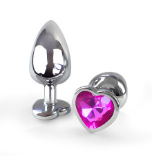 Металева анальна пробка Серце L з Темно-рожевим кристалом, довжина 9см, діаметр 4см