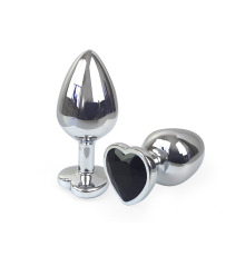 Металева анальна пробка Серце М з Чорним кристалом, довжина 8см, діаметр 3,4см